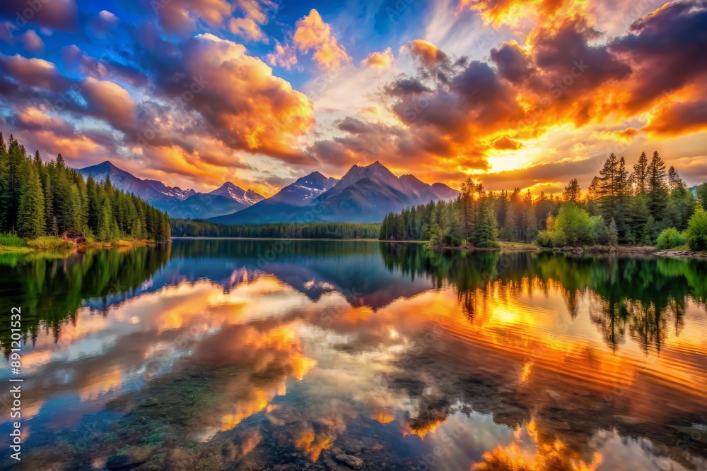 Vibrant sunset casts warm glow on serene lake, surrounded by majestic mountains, with kaleidoscope of colors reflected on calm water, perfect landscape wallpaper. Vibrant sunset casts warm glow on serene lake, surrounded by majestic mountains, with kaleidoscope of colors reflected on calm water, perfect landscape wallpaper.