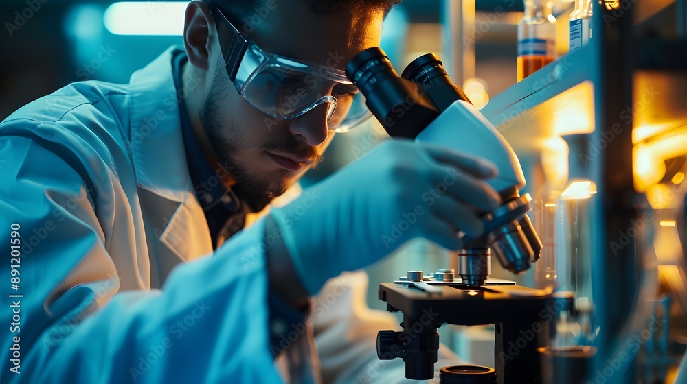 Scientist Conducting Research with Microscope in Laboratory