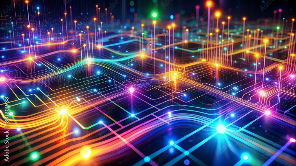 Vibrant glowing circuits and digital waves blend with futuristic neon lights, creating a dynamic abstract background representing advanced hi-tech communication networks. Vibrant glowing circuits and digital waves blend with futuristic neon lights, creating a dynamic abstract background representing advanced hi-tech communication networks.