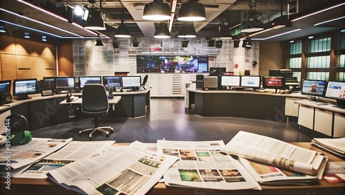 Modern newsroom with computers, newspapers, and large display screens