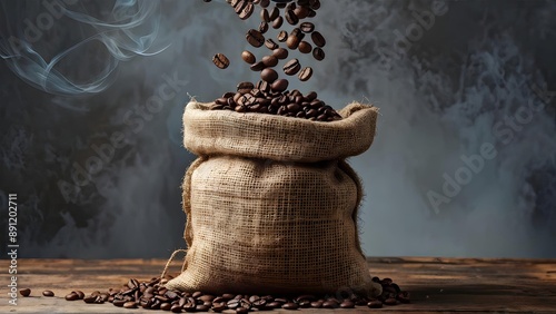 Rustic coffee beans spilling into a burlap sack on wooden table, perfect for cafes or coffee ads. Generative AI