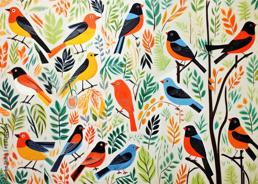 Many tropical birds flying painting pattern nature. Many tropical birds flying painting pattern nature.