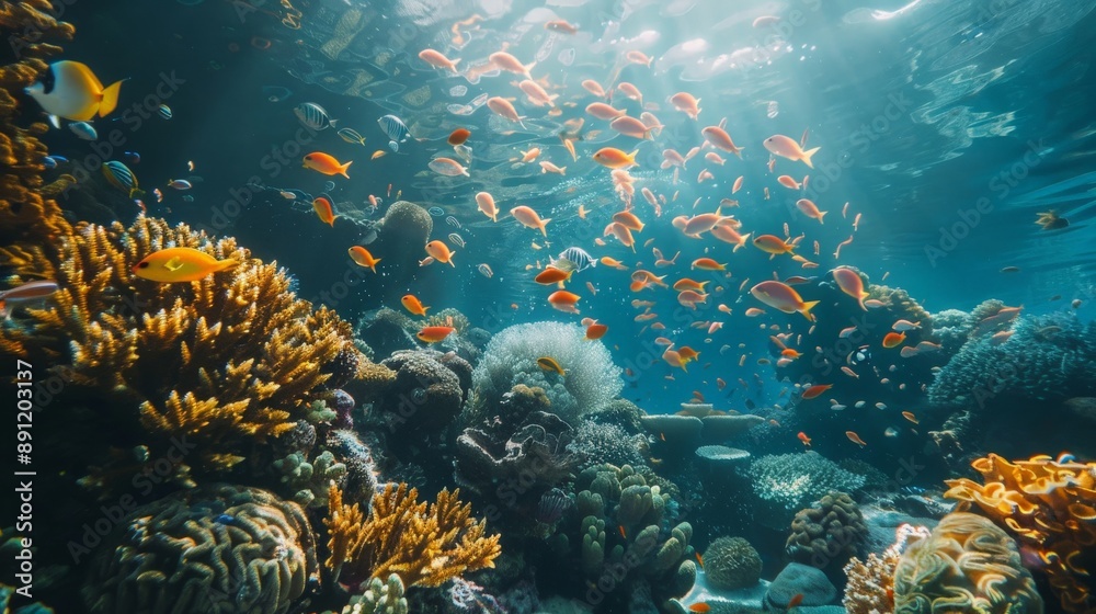 Obraz premium Underwater view of a coral reef teeming with marine life