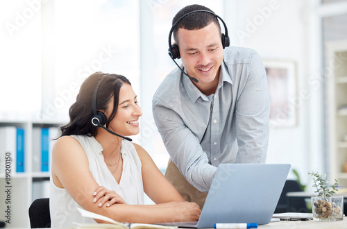 Business people, call center and laptop with customer service, help desk and advice in office. Mentor, coaching and employees with computer, telemarketing and explain system with tech support and crm