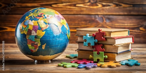 Diverse books and colorful puzzle pieces surround a globe on a wooden table, symbolizing inclusive business values of respect, diversity, and unity. photo