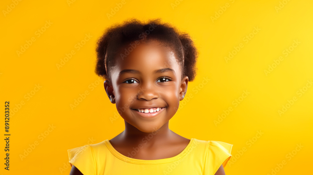 Portrait of smiling cute African American child girl with short haircut problems, yellow background, banner. Portrait of smiling cute African American child girl with short haircut problems, yellow background, banner.
