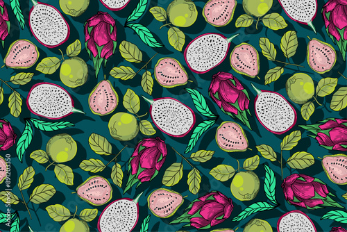 seamless pattern guava and dragon fruit vector drawing