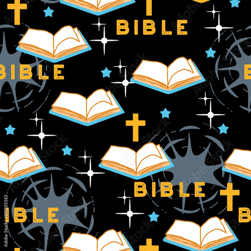 Bible and Faith Spiritual Symbols Vector Pattern. This seamless design is ideal for use in digital and print media, including textiles, wallpapers, and stationery. 