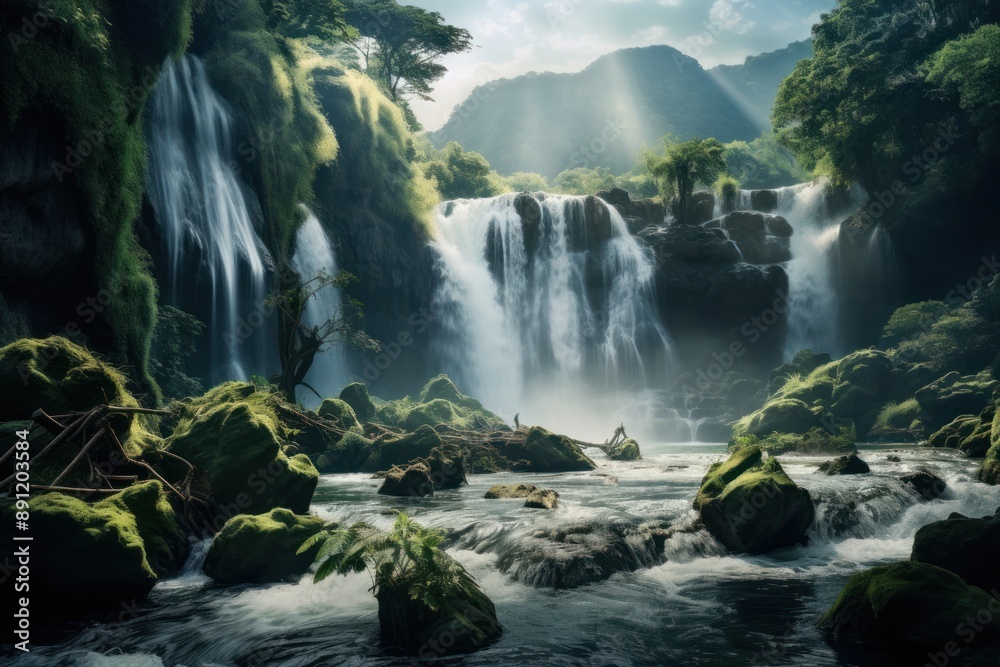 Naklejka premium Beautiful waterfall landscape outdoors nature stream.