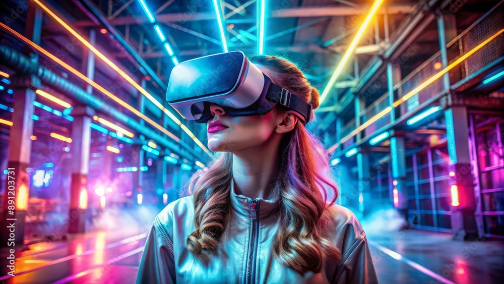 Portrait of amazed young woman in a VR headset explores the metaverse's virtual space. Gaming and futuristic entertainment concept, Man uses metaverse technology in an industrial setting. Neon Portrait of amazed young woman in a VR headset explores the metaverse's virtual space. Gaming and futuristic entertainment concept, Man uses metaverse technology in an industrial setting. Neon