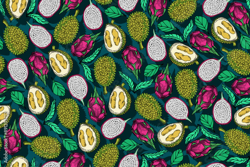 seamless pattern durian and dragon fruit vector drawing