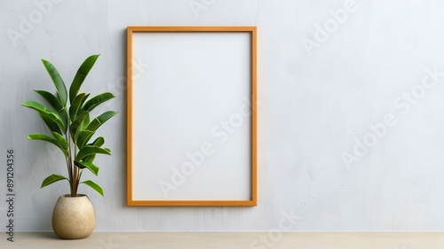 A minimalist room featuring an empty wooden frame and a decorative plant, ideal for showcasing art or photography.