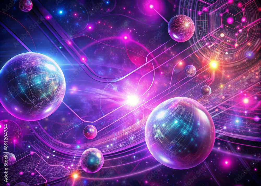 Obraz premium Vibrant purple-pink nebula background with glowing circuits and wires, futuristic spheres and orbs, representing the fusion of digital and physical worlds in metaverse.