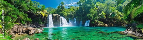 Tropical jungle with a hidden lagoon and cascading waterfalls, Discovery  Voyage  Nature, paradise found