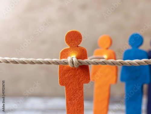 A rope binds three figures together, with the middle figure tied in a knot, symbolizing unity and interdependence. photo