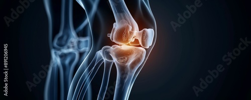 An x-ray image of a human knee joint with highlighted pain area.