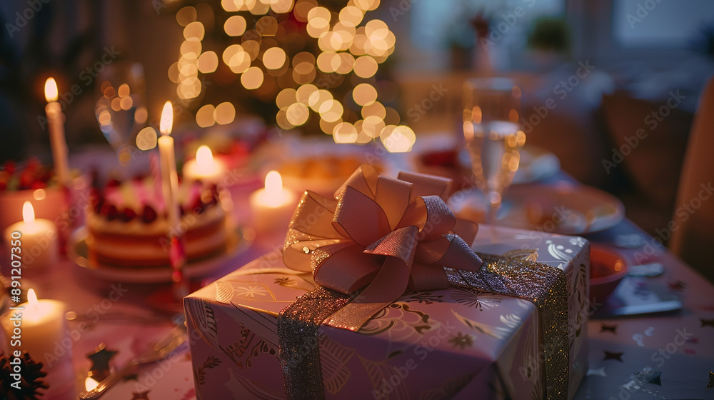 A close-up of a beautifully wrapped birthday present with a decorative bow, placed on a festive birthday table setting with cake and candles, evoking happiness and special moments, captured in HD A close-up of a beautifully wrapped birthday present with a decorative bow, placed on a festive birthday table setting with cake and candles, evoking happiness and special moments, captured in HD