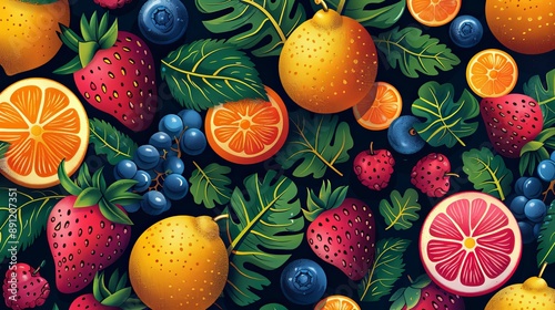 vector, illustration, flat, Background fruits and green leaves nature. Abstract geometric seamless pattern. Decorative ornament in flat design style. Ripe harvest banner. Floral backdrop. Organic vege © Pattarin