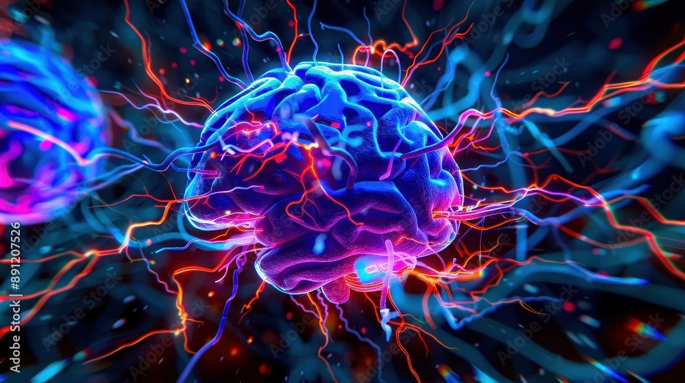 Vivid neural network visualization showcasing vibrant electric brain connections representing cognitive science and neural pathways.