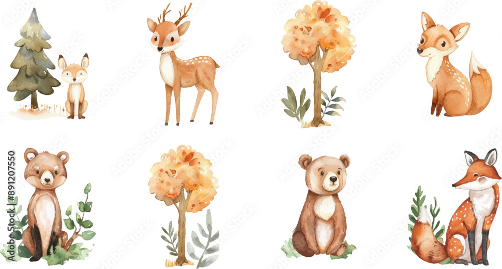 Naklejka premium Cute watercolor wild animals in the forest with arches and trees for invitation cards.