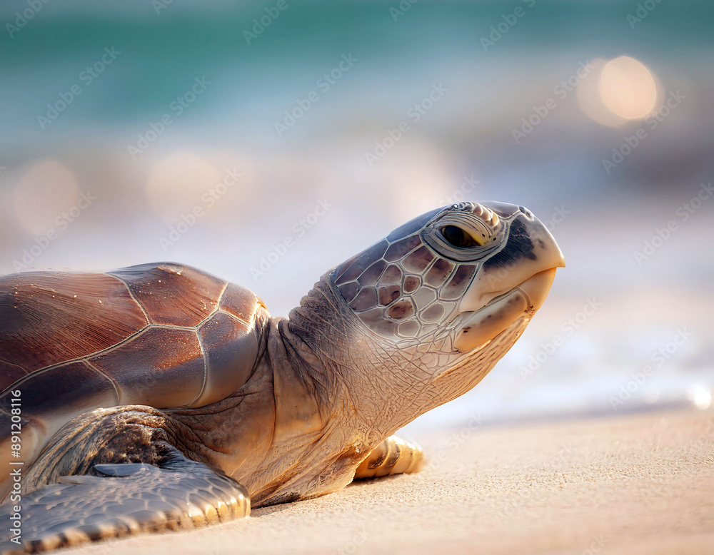 Obraz premium Turtles resting peacefully on the ocean shore, sand beach pier. Mixed with the natural habitat of sea, sand and sunshine.