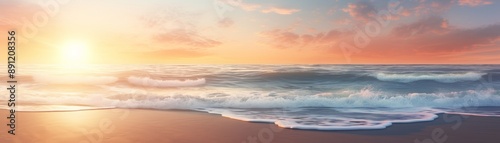 Beautiful sunset over a serene beach with gentle waves crashing on the shore, creating a tranquil and picturesque seascape.
