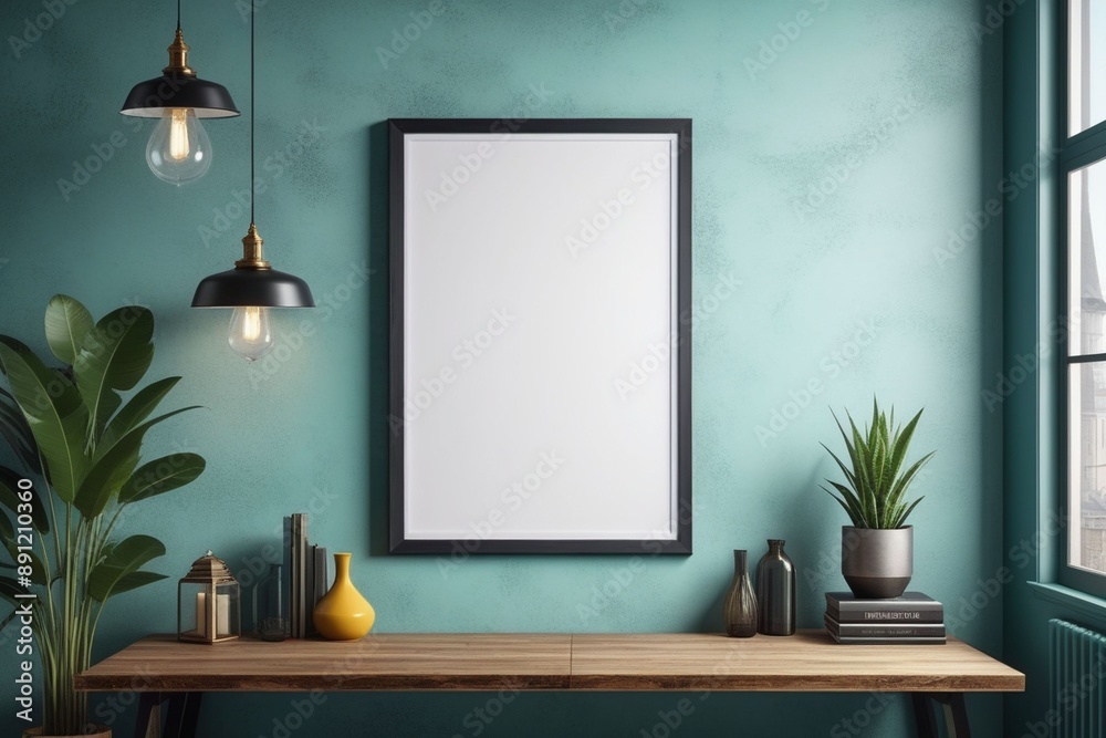 A blank photo frame on a painted wall for mockup design A blank photo frame on a painted wall for mockup design