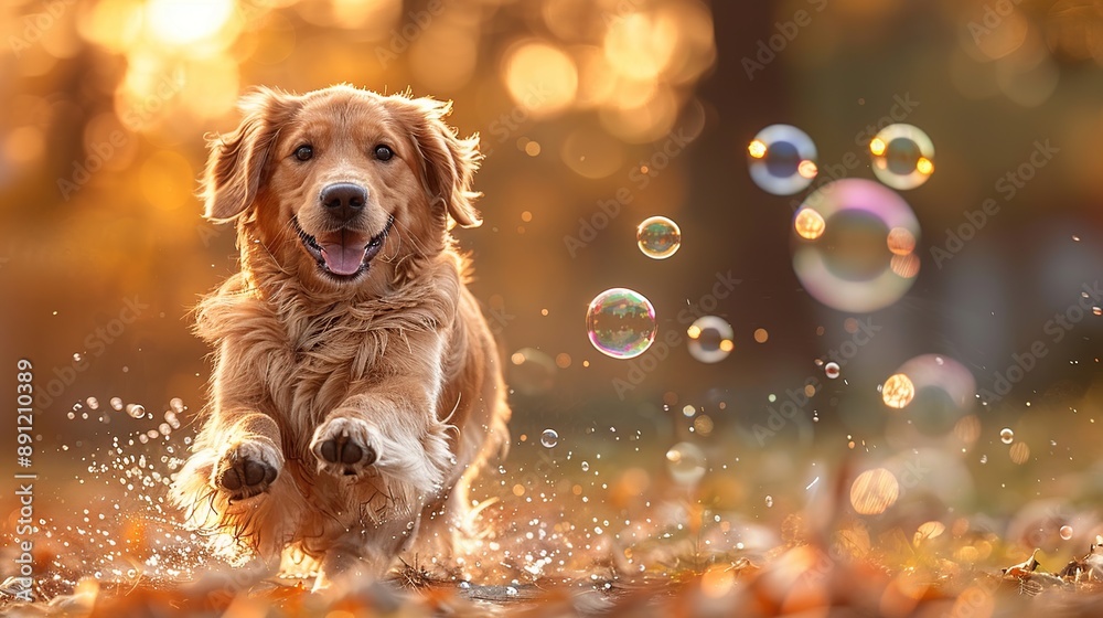 Golden Retriever Running Through Autumn Leaves With Bubbles Golden Retriever Running Through Autumn Leaves With Bubbles