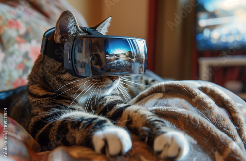 Cat using vr glasses, feeling confused Generative AI photo