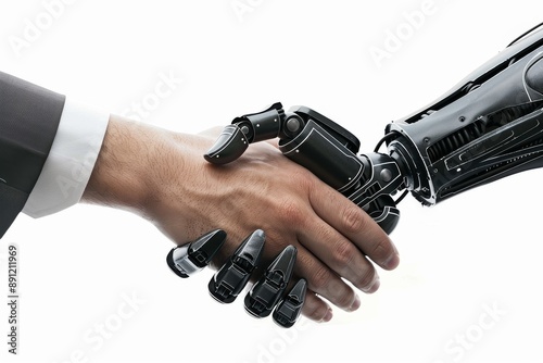 Human hand shakes the hand of a robotic arm. Close-up