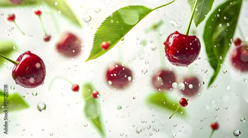 Fresh cherries with green leaves splashing in water