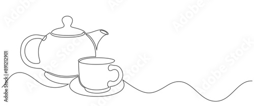 continuous line drawing of traditional oriental tea pot with cup