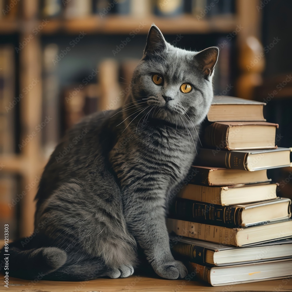 - Make an educational concept featuring a Chartreux cat sitting next to a stack of books on a wooden desk.