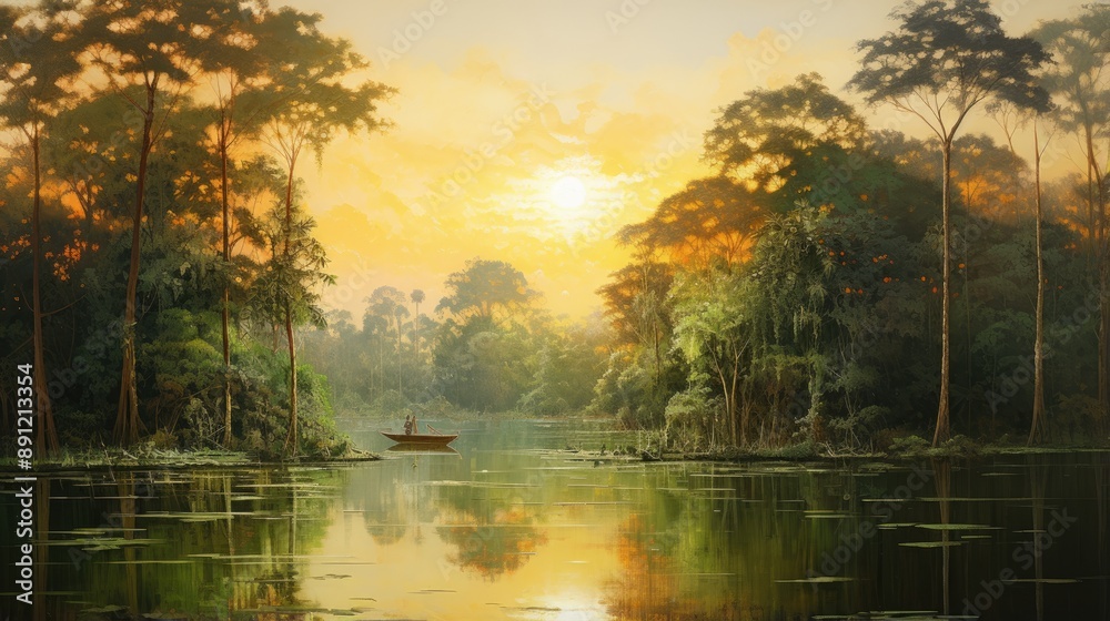 Obraz premium Tranquil Sunset on a Lush River.