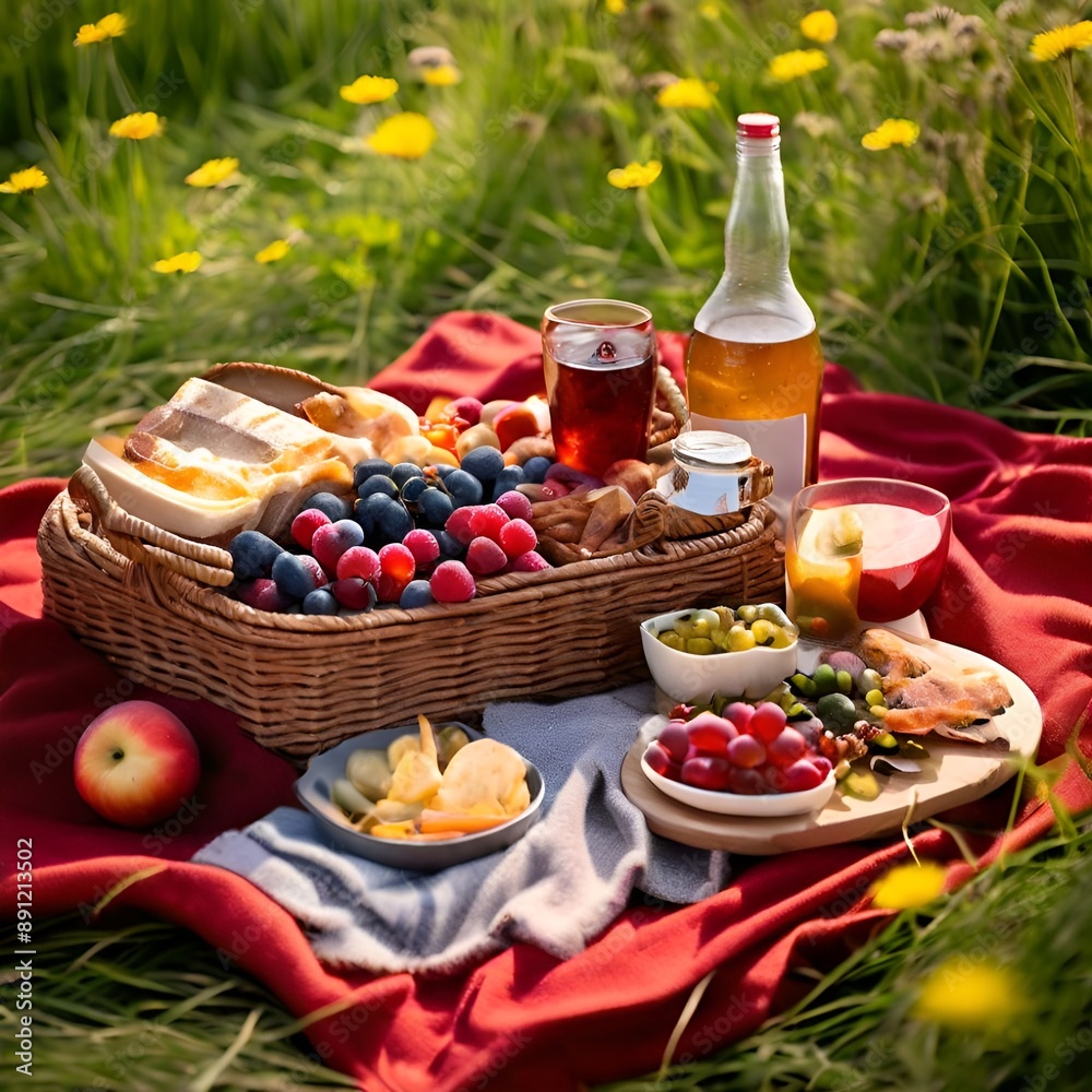 picnic-basket-with-various-of-delicious-food-and-drinks-on-beautiful-red-cloth-blanket-on-a-beautiful picnic-basket-with-various-of-delicious-food-and-drinks-on-beautiful-red-cloth-blanket-on-a-beautiful