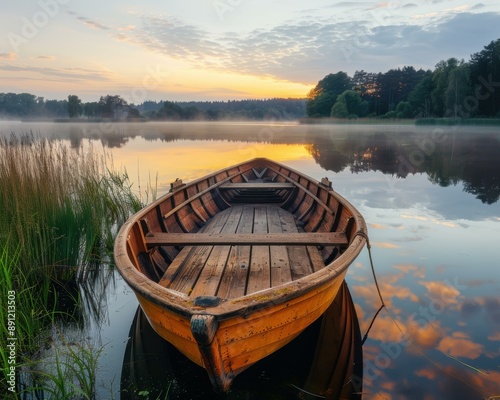 A small wooden boat sitting on the water in a lake. AI.