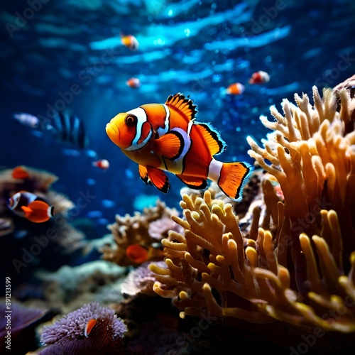 clown-fish-swimming-on-anemone-underwater-reef-background-colorful-coral-reef-landscape-in-the-deep © rabia