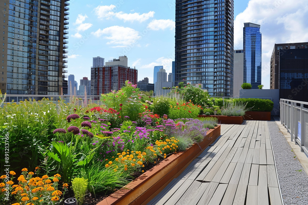 Fototapeta premium A beautiful urban rooftop garden with colorful flowers and plants set against the backdrop of skyscrapers and blue sky.