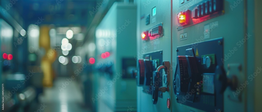 A row of electrical switches and lights in a room. AI. A row of electrical switches and lights in a room. AI.
