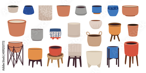 Flowerpot set. Houseplants vases, ceramic crocks, and basket. Trendy home decor in Scandinavian style pots. Colorful decorative pots. Flat vector illustration isolated on a white background.