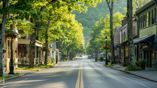 Fototapeta Naklejka Na Ścianę i Meble -  Tree-lined street in a picturesque small town
