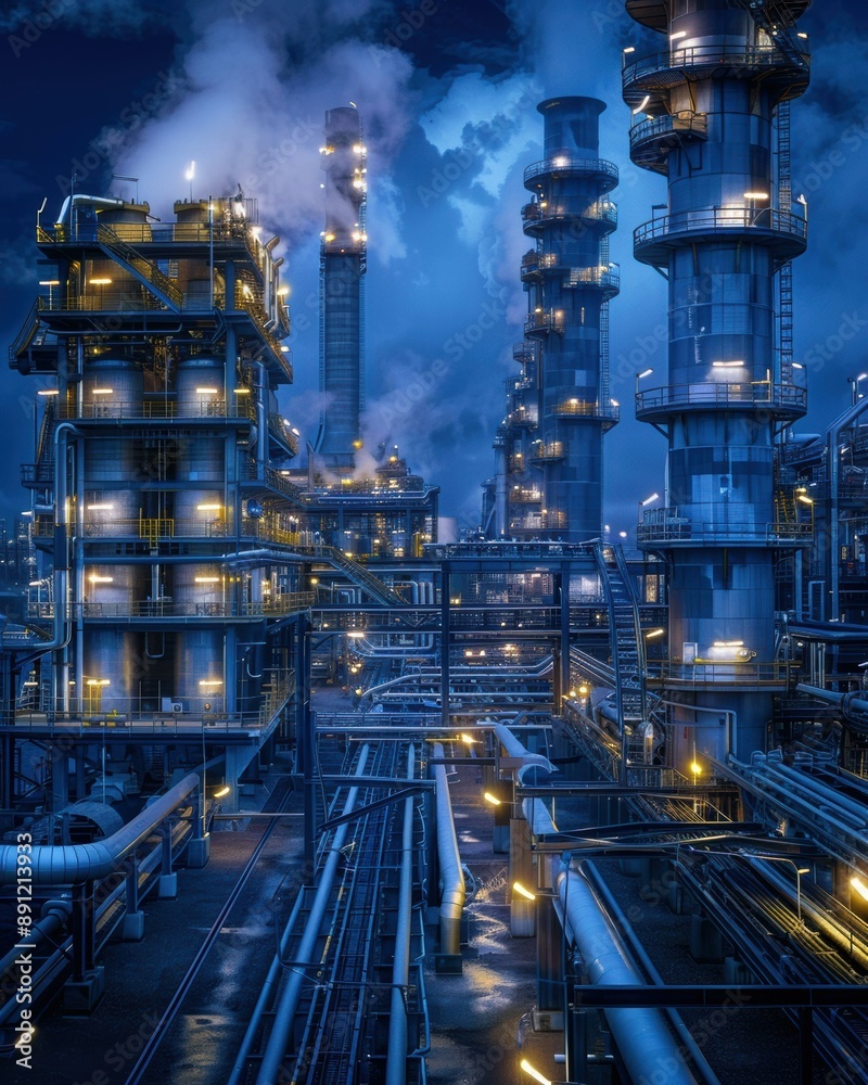 A large industrial plant with pipes and lights at night. AI. A large industrial plant with pipes and lights at night. AI.