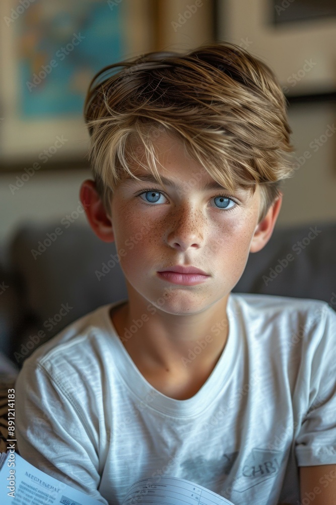 A boy with a white shirt and brown hair sitting on the couch. AI. A boy with a white shirt and brown hair sitting on the couch. AI.
