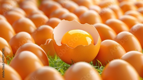 Close-up of brown eggs with one cracked open showing the yolk. Perfect for food and nutrition-related topics. photo