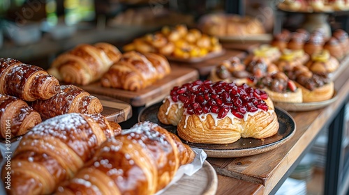 Freshly Baked Croissants and Pastries Displayed on Wooden Table photo