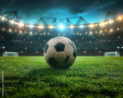 Black and white soccer ball centered on verdant grass, grand stadium illuminated by dazzling spotlights, night sky