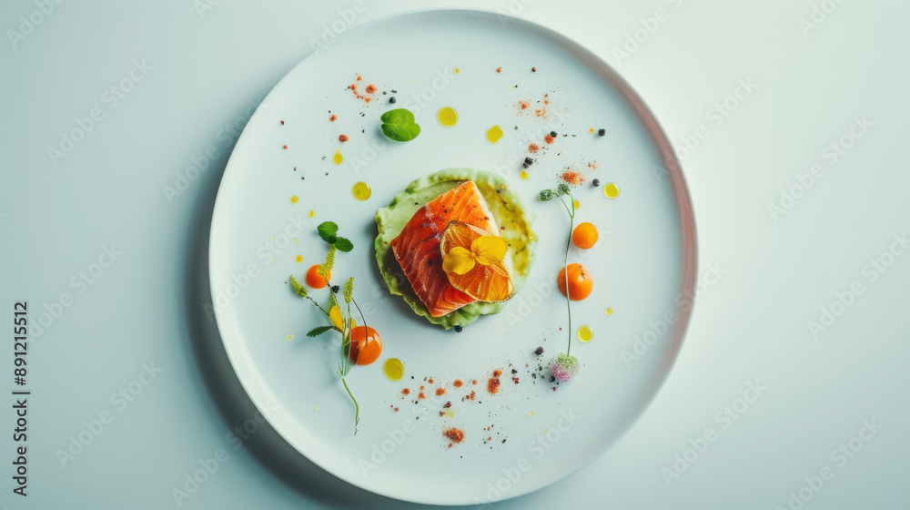 A minimalist gourmet dish on a large white plate, showcasing a portion of grilled salmon, topped with a citrus glaze, accompanied by a quenelle of avocado mousse, and garnished with edible flowers