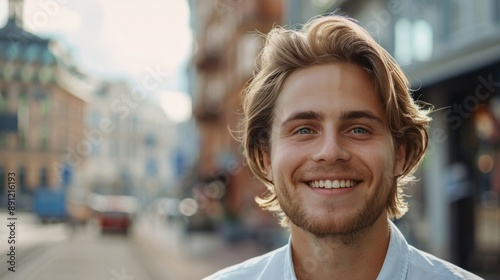 Happy young man smiling in city. A young man with blonde hair smiles at the camera while standing in a city setting. He is wearing a light blue shirt.