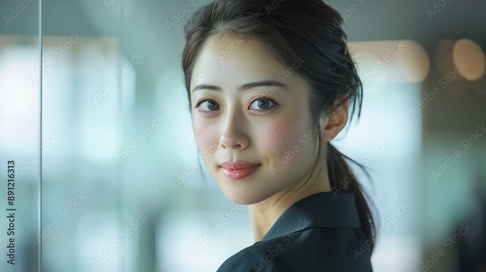 Woman looking over shoulder with gentle smile. A young woman with long dark hair looks over her shoulder, gazing off into the distance with a soft, kind smile. Woman looking over shoulder with gentle smile. A young woman with long dark hair looks over her shoulder, gazing off into the distance with a soft, kind smile.