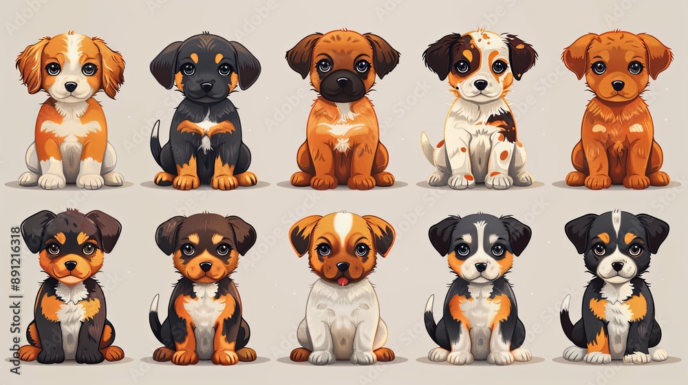 vector, illustration, Cute dogs doodle vector seamless pattern. Cartoon dog or puppy characters design collection with flat color in different poses. Set of funny pet animals isolated on background vector, illustration, Cute dogs doodle vector seamless pattern. Cartoon dog or puppy characters design collection with flat color in different poses. Set of funny pet animals isolated on background